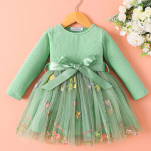Mark & Mia Full Sleeves Party Dress With Floral Embroidery & Bow Applique - Green